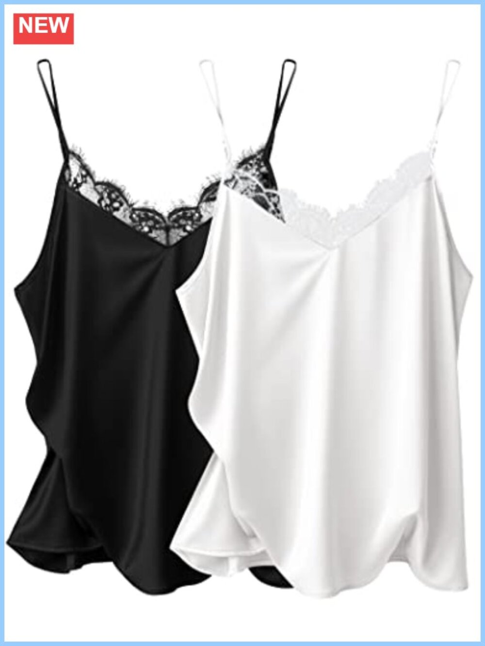 Satin Lace V Neck Camisole 2 Pack Silk Pajama Top Adjustable Straps Sleepwear